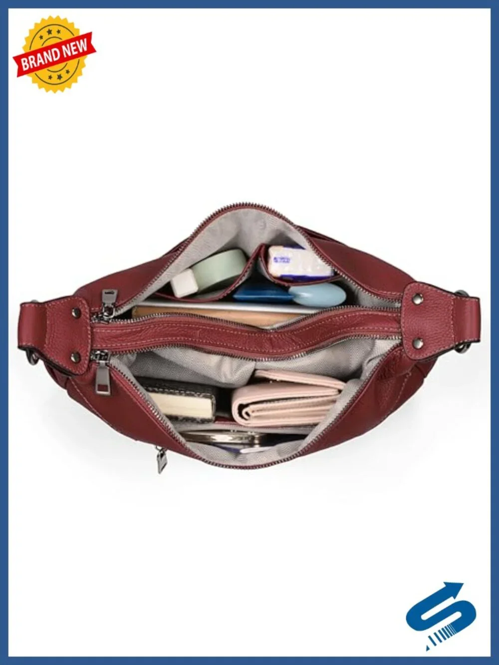 Genuine Leather Hobo Bag with Double Zipper Pockets & Crossbody Strap